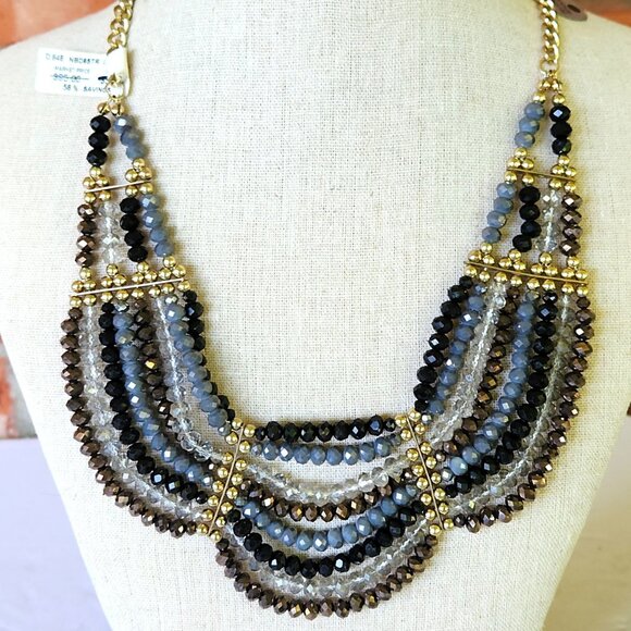 Multi-Strand Gold-Tone Beaded Statement Necklace w/Black Grey & Brown Crystals - Picture 1 of 7